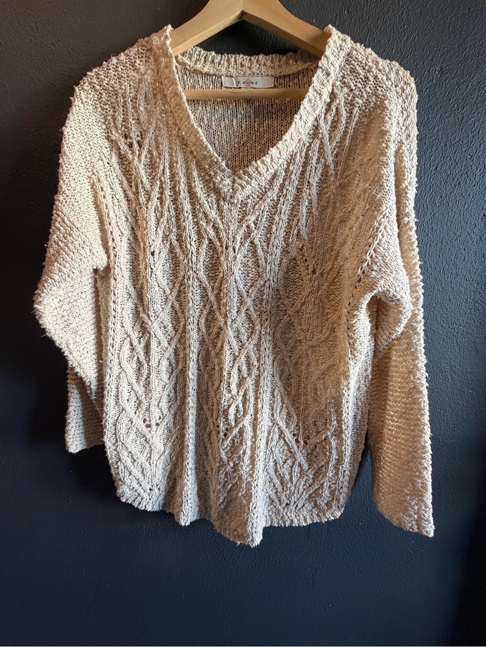 Fever Women's V-Neck Cable Knit Sweater in Cream